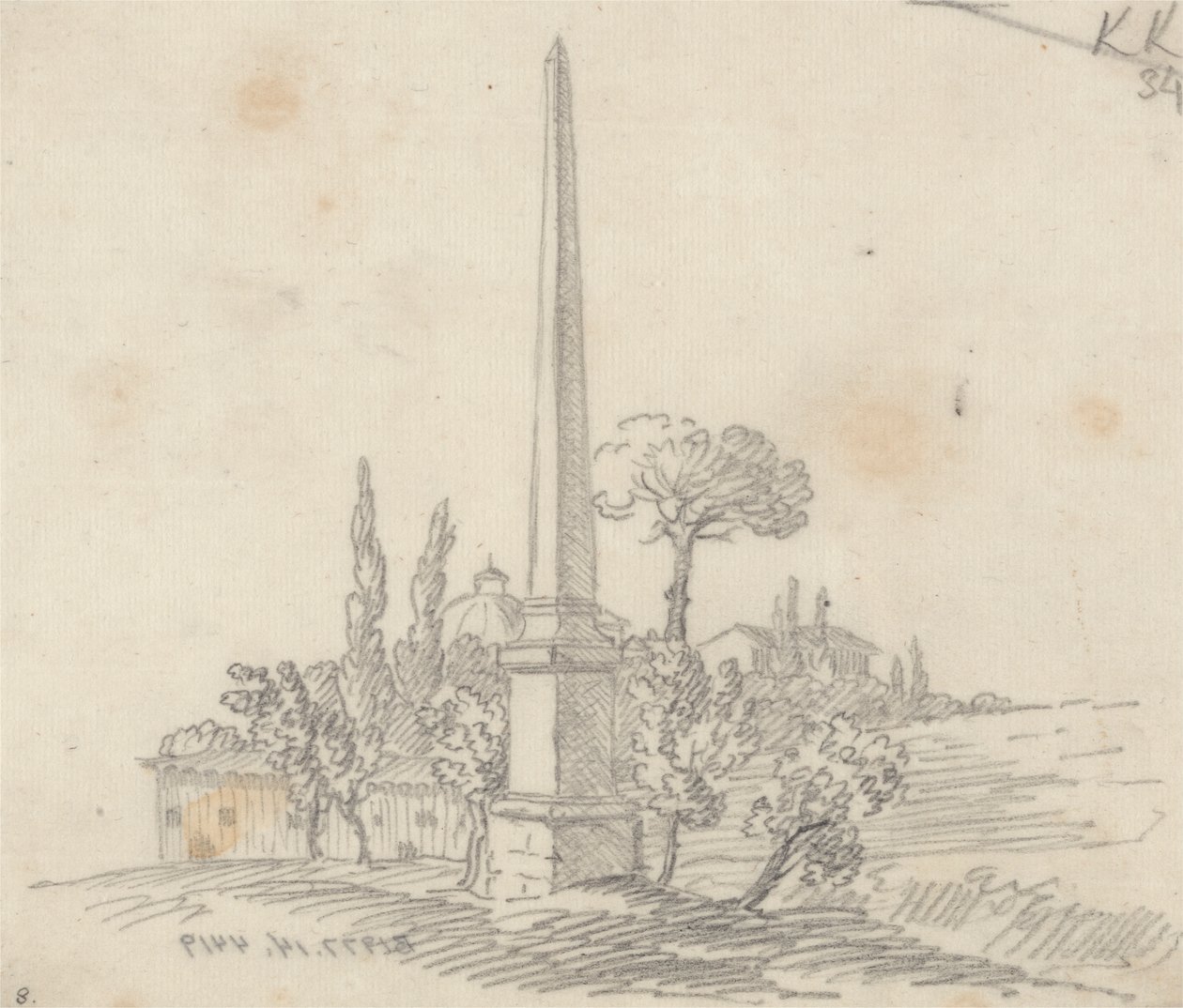 Uzakta Çatıları ve Ağaçları Olan Bir Dikilitaş by John Robert Cozens