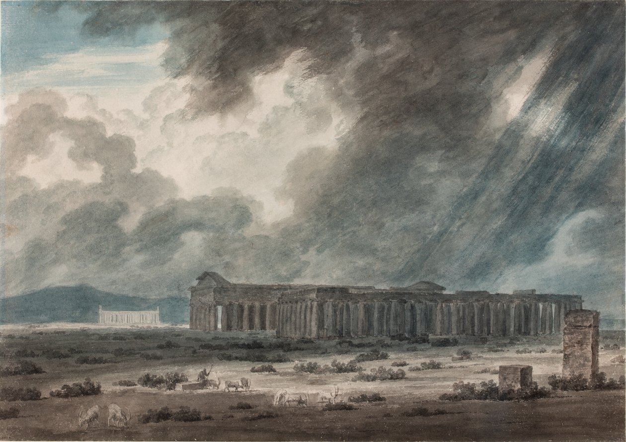 Salerno yakınlarındaki Paestum Harabeleri: Üç Tapınak, 1792 dolayları (kağıt üzerine sulu boya, mürekkep ve kurşun kalem) by John Robert Cozens