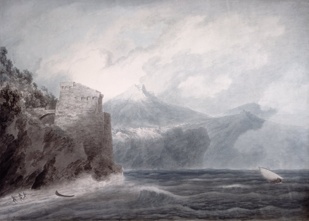 Cetara yakınlarındaki Salerno Kalesi (kağıt üzerine sulu boya) by John Robert Cozens