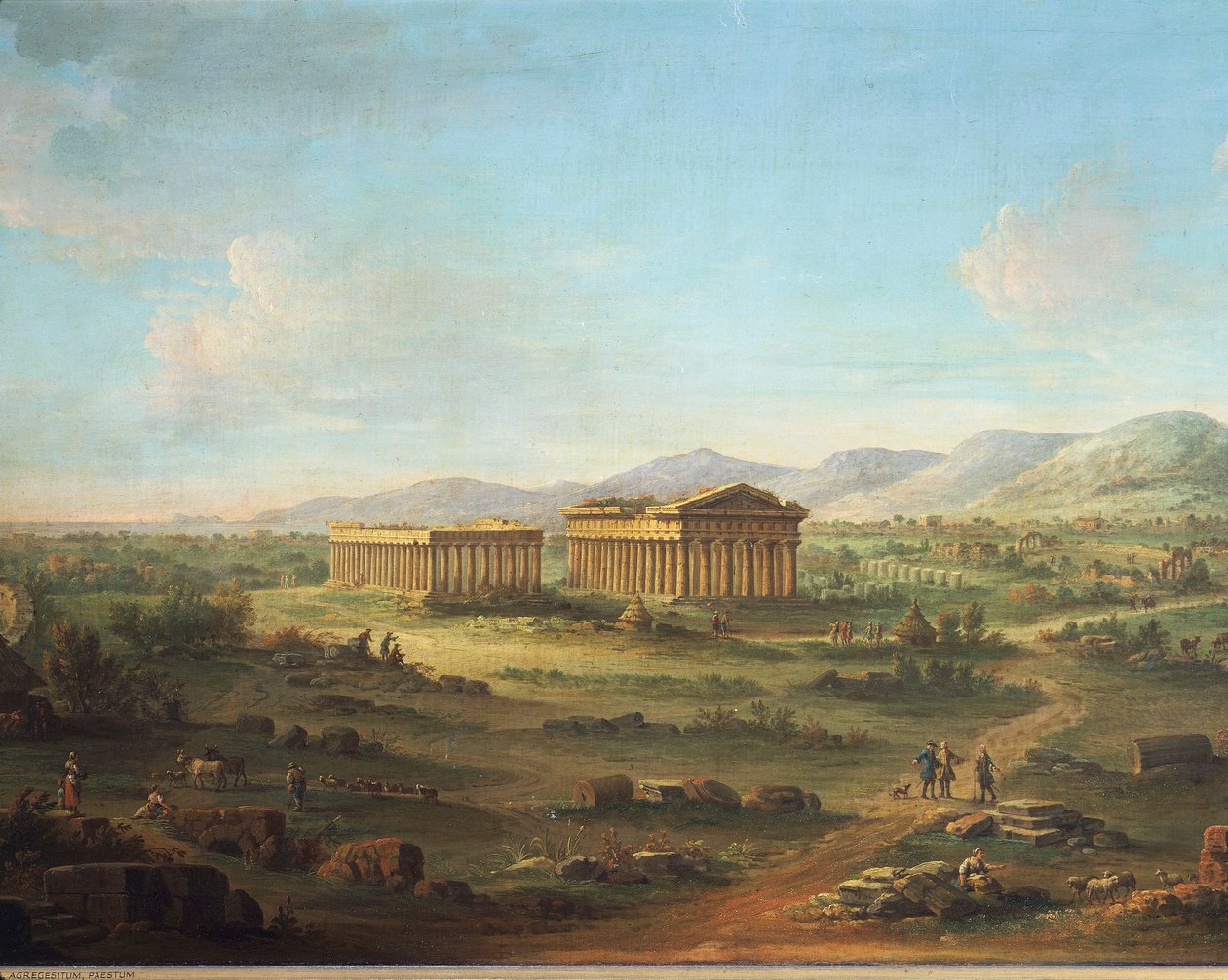 İki büyük Paestum tapınağı, solda Bazilika ve sağda Neptün Tapınağı veya Poseidon, John Robert Cozens by John Robert Cozens