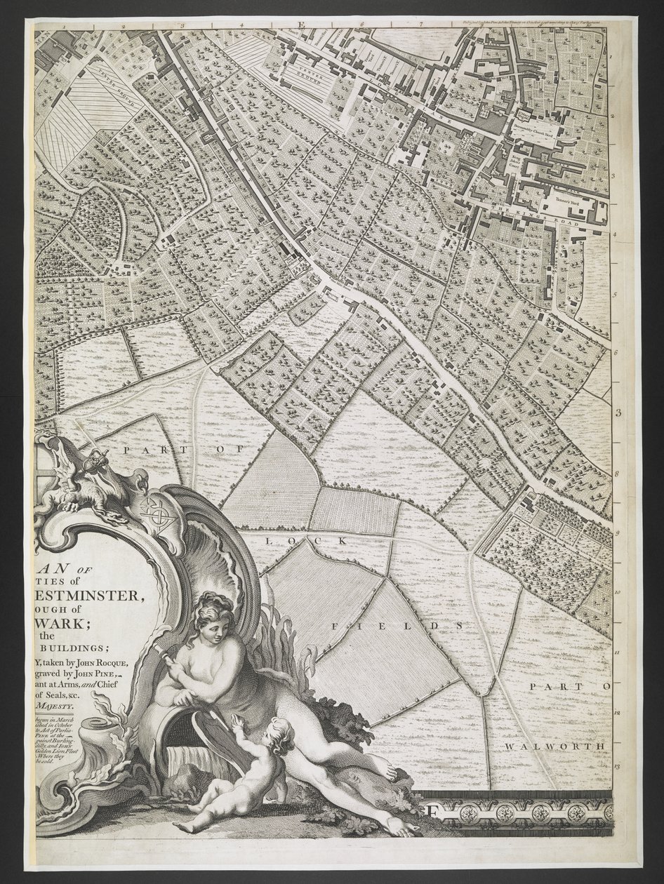 Londra Planı, Kilit alanlarının bir parçası,  Londra ve Westminster şehirlerinin ve Southwark ilçesinin planı; : bitişik binalarla; JOHN ROCQUE, Land-Surveyor ve Engraved tarafından John Pine tarafından alınan / gerçek bir anketten,  John Rocque by John Rocque