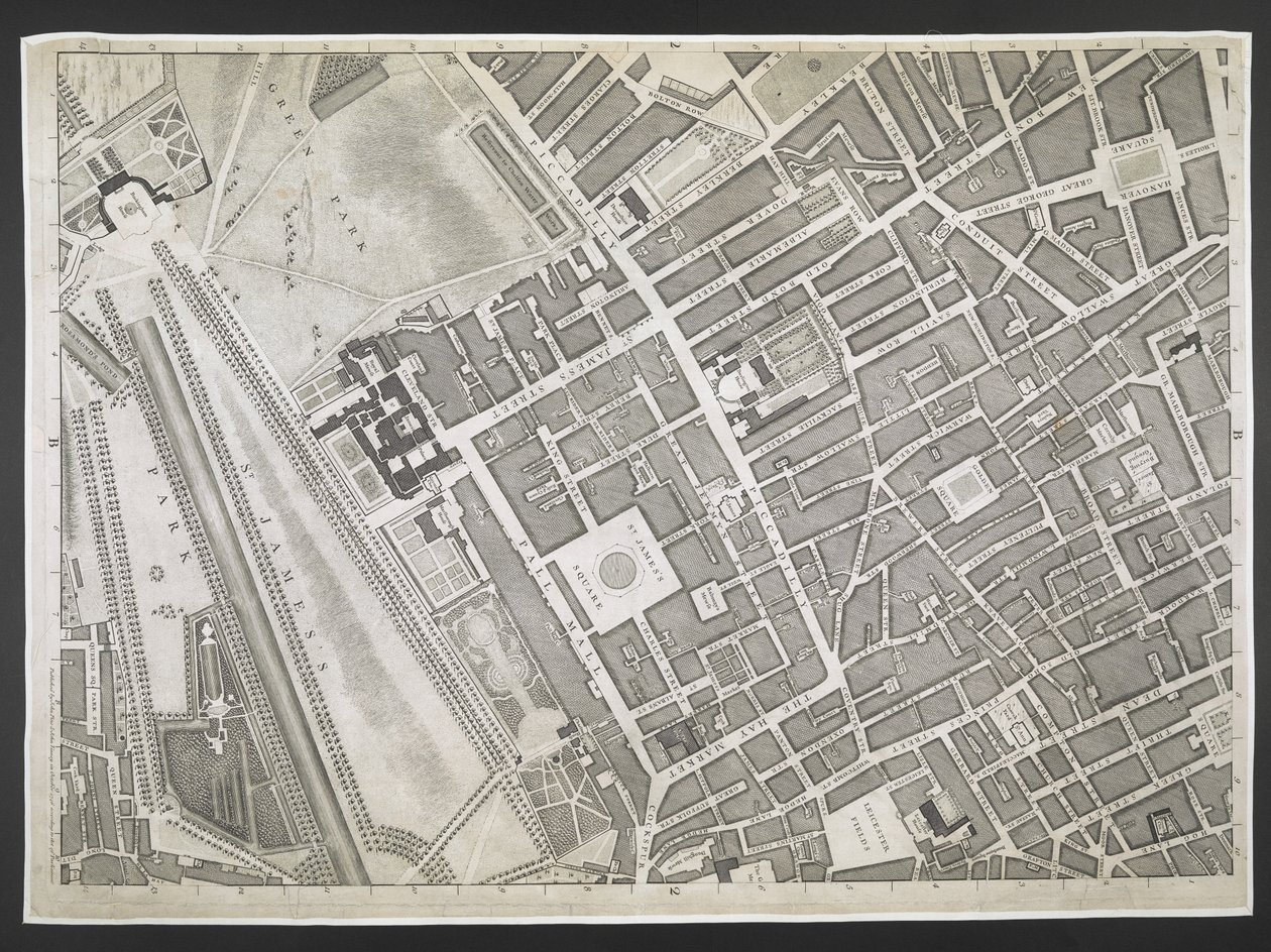 Londra Planı, Piccadilly, St. James Parkı, Green Park,  Londra ve Westminster şehirlerinin ve Southwark ilçesinin planı; : bitişik binalarla; JOHN ROCQUE, Land-Surveyor ve Engraved tarafından John Pine tarafından alınan / gerçek bir anketten, by John Rocque