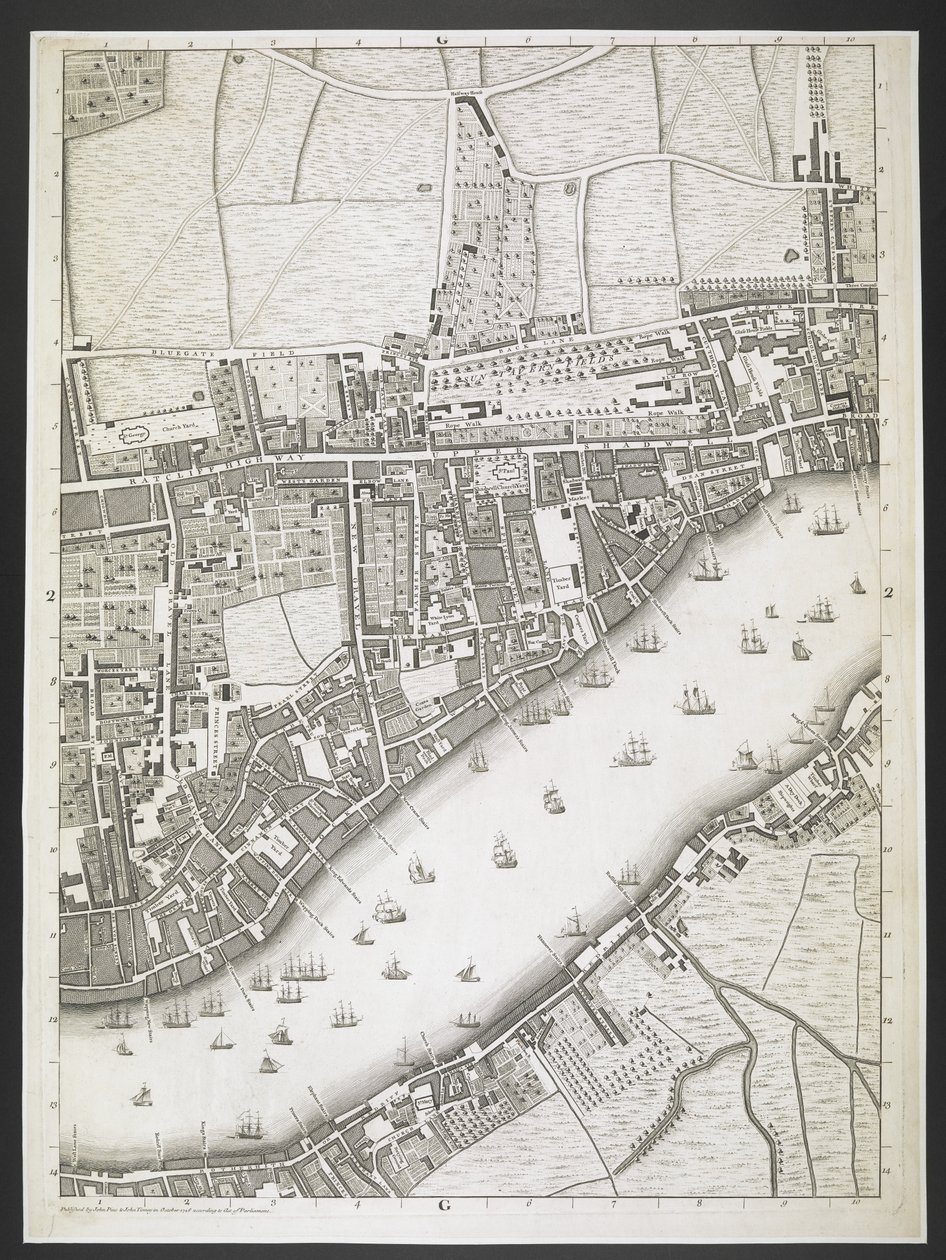 Londra planı, Ratcliff otoyolu, Yukarı Shadwell yolu,  Londra ve Westminster şehirlerinin ve Southwark ilçesinin planı; : bitişik binalarla; JOHN ROCQUE, Land-Surveyor ve Engraved tarafından John Pine tarafından alınan / gerçek bir anketten,  J by John Rocque