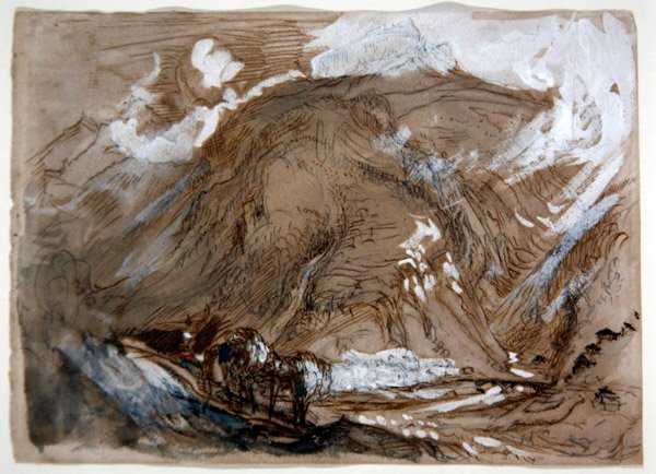 Alpine Valley, c.1854 (kağıt üzerinde beyaz ile zenginleştirilmiş kurşun kalem, mürekkep ve sulu boya) by John Ruskin