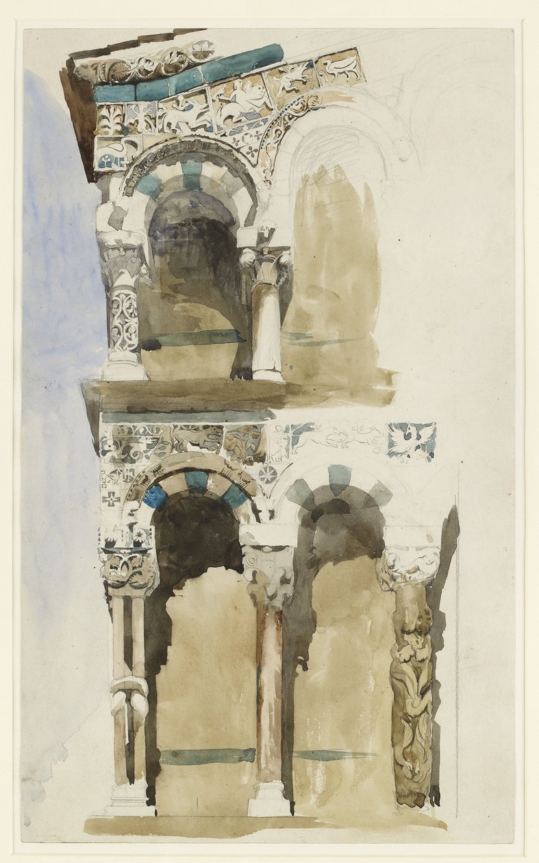 Foro, Lucca'daki yıkılan San Michele Kilisesi'nin cephesinin bir kısmı, Renkli olarak çizilmiş, 30 Haziran - 1 Temmuz 1846 (dokuma kağıt üzerine grafit üzerine suluboya) by John Ruskin