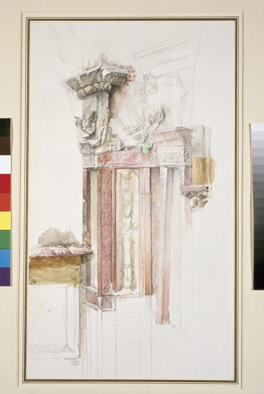Sant Anastasia Cephesindeki Pilaster, Verona, Haziran 1869 (kağıt üzerinde grafit üzerinde wc ve gövde rengi, bazı çizgiler çizilmiş) by John Ruskin