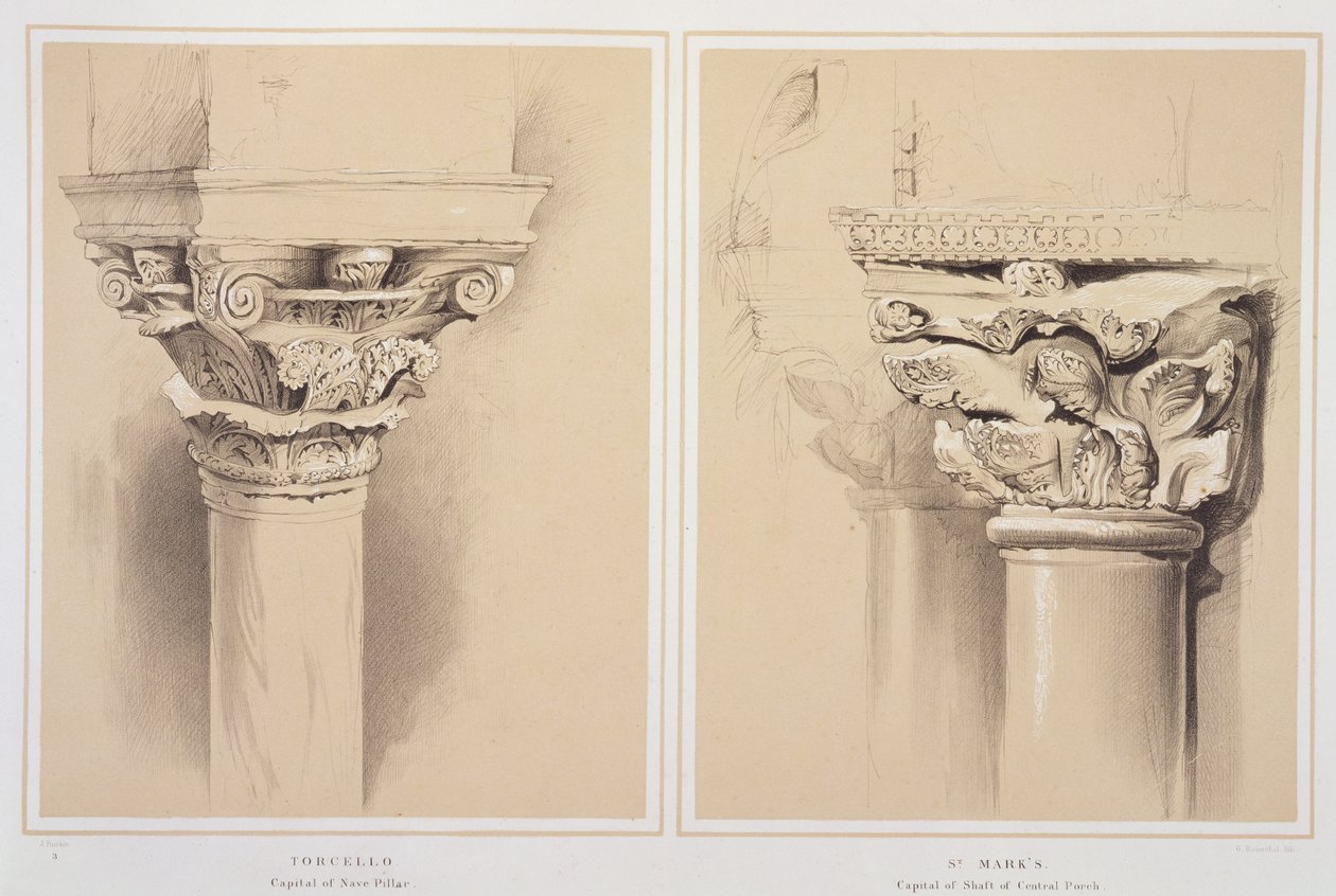 Torcello, Nef Sütunu'nun Başkenti ve St. Mark's, Central Porch'tan Başkent, John Ruskin'in 'Venedik Mimarisi Örnekleri'nden, G. Rosenthal tarafından oyulmuş, 1851 by John Ruskin