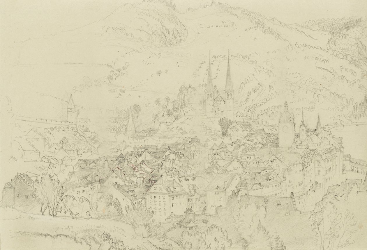 Luzern'in yukarıdan görünümü, Ekim-Aralık 1861 (soluk gri dokuma kağıda kalem ve mürekkep dokunuşlarıyla grafit) by John Ruskin