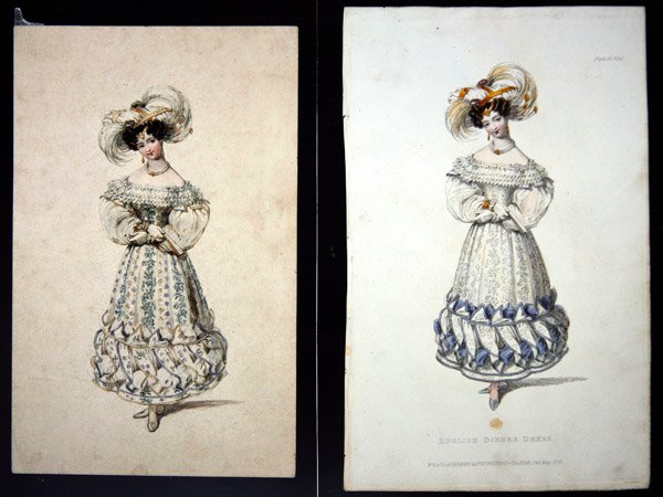 Bir moda plakasının eskizi ve baskısı, c.1829 (kağıt üzerine kurşun kalem ve sulu boya ve elle boyanmış gravür) by John Samuel Agar