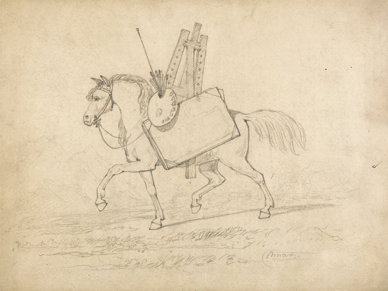 Sanatçının gereçleriyle yüklü, sola doğru yürüyen bir At (kağıt üzerinde grafit) by John Sell Cotman