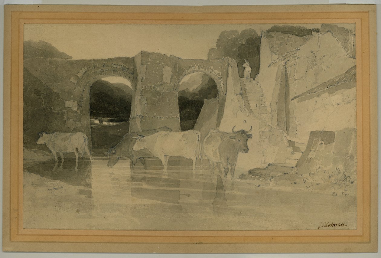 Köprü ve İnekler, c.1803-04 (kağıda yıkamalı kalem) by John Sell Cotman