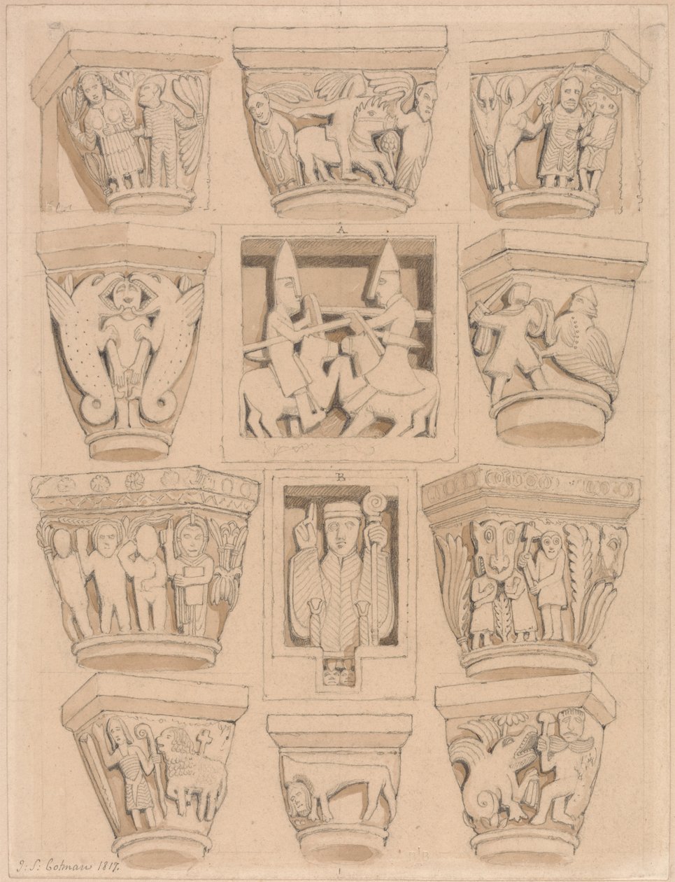 Rouen, Normandiya yakınlarındaki Saint Georges de Bocherville Abbey Kilisesi'ndeki Başkentler ve A & B Kısma Kabartmaları by John Sell Cotman