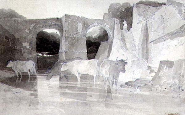 Kağıt üzerinde nehirde sığır (kalem ve mürekkep ve yıkama) by John Sell Cotman