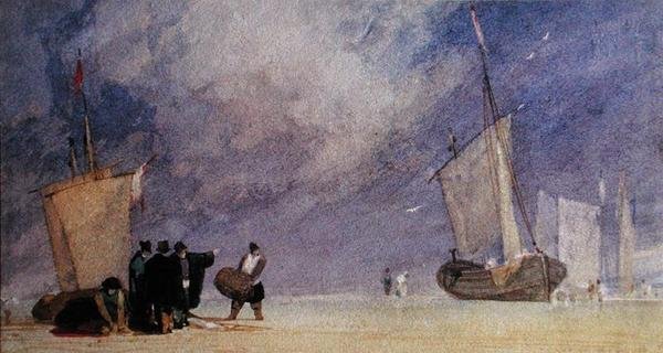 Su Alırken Bir Tekneyi Boşaltan Kıyı Figürleri (kalem ve kahverengi mürekkep ve kağıt üzerine sulu boya) by John Sell Cotman