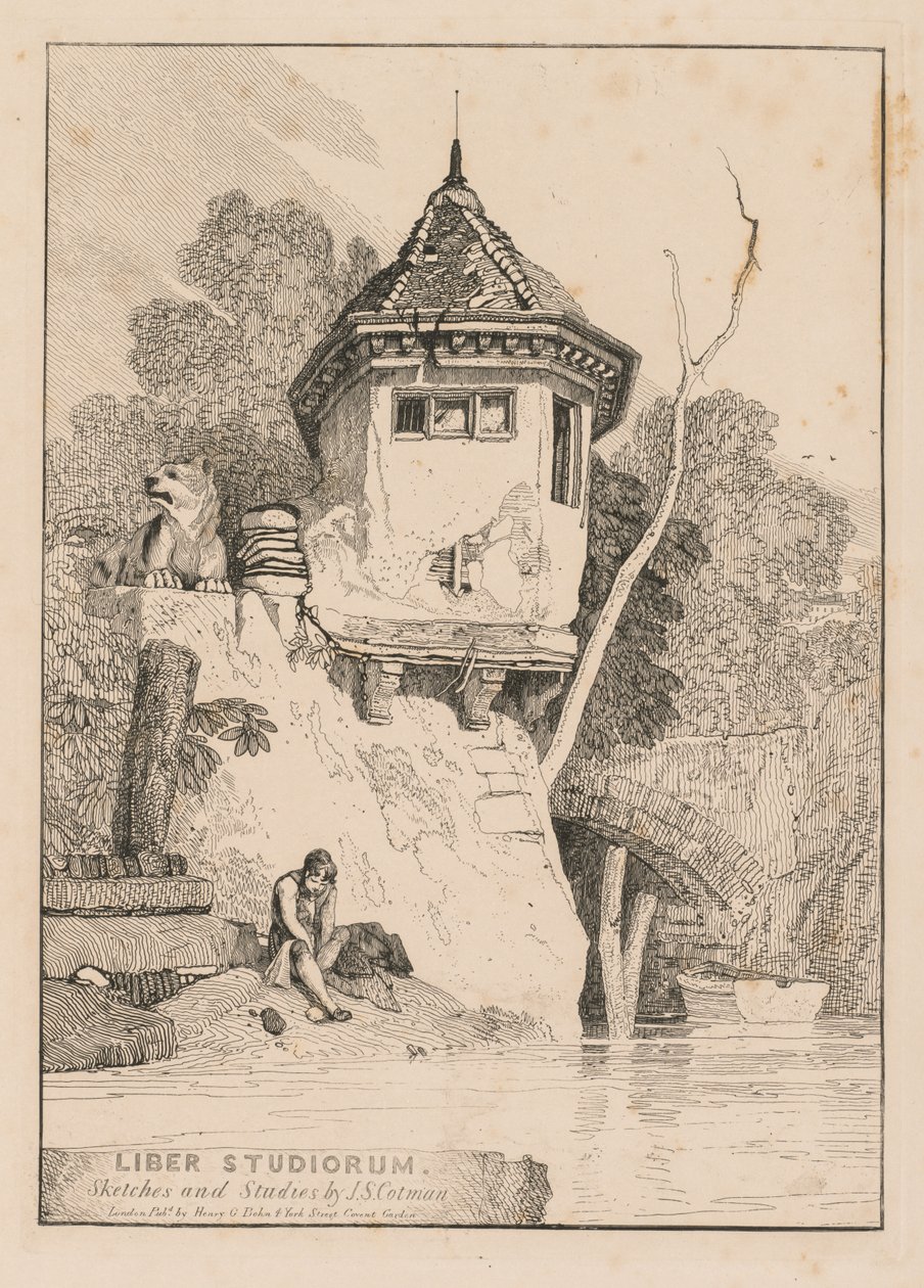 Liber Studiorum; Frontispiece, Yare Nehri Kıyısındaki Bahçeli Evin Görünümü by John Sell Cotman