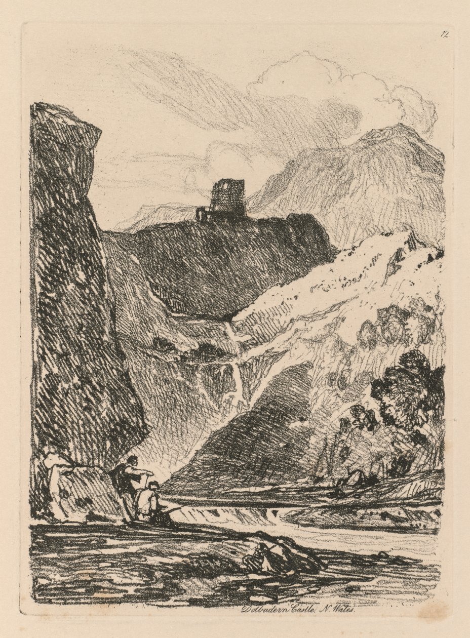 Liber Studiorum: Levha 12, Dolbadarn Kalesi, Llanberis Gölü, Kuzey Galler, 1838. by John Sell Cotman