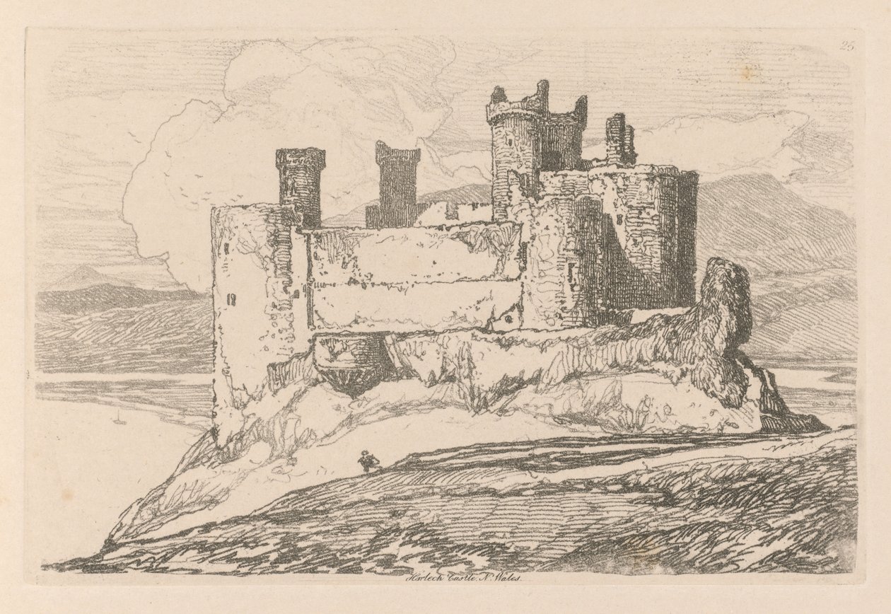Liber Studiorum: Levha 25, Harlech Kalesi, K. Galler, 1838 by John Sell Cotman