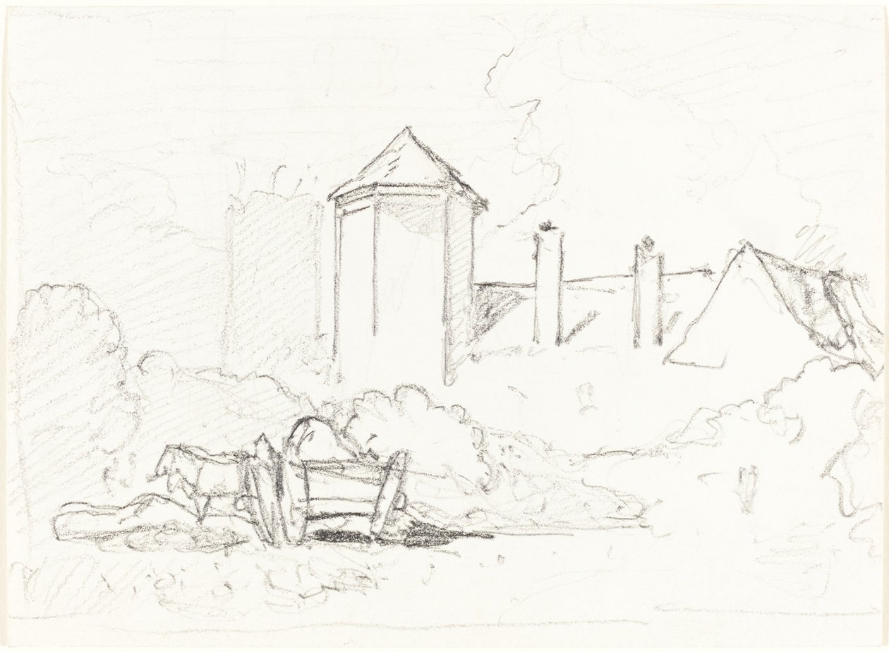 Ön Planda Arabalı ve Atlı Binaların Kroki by John Sell Cotman