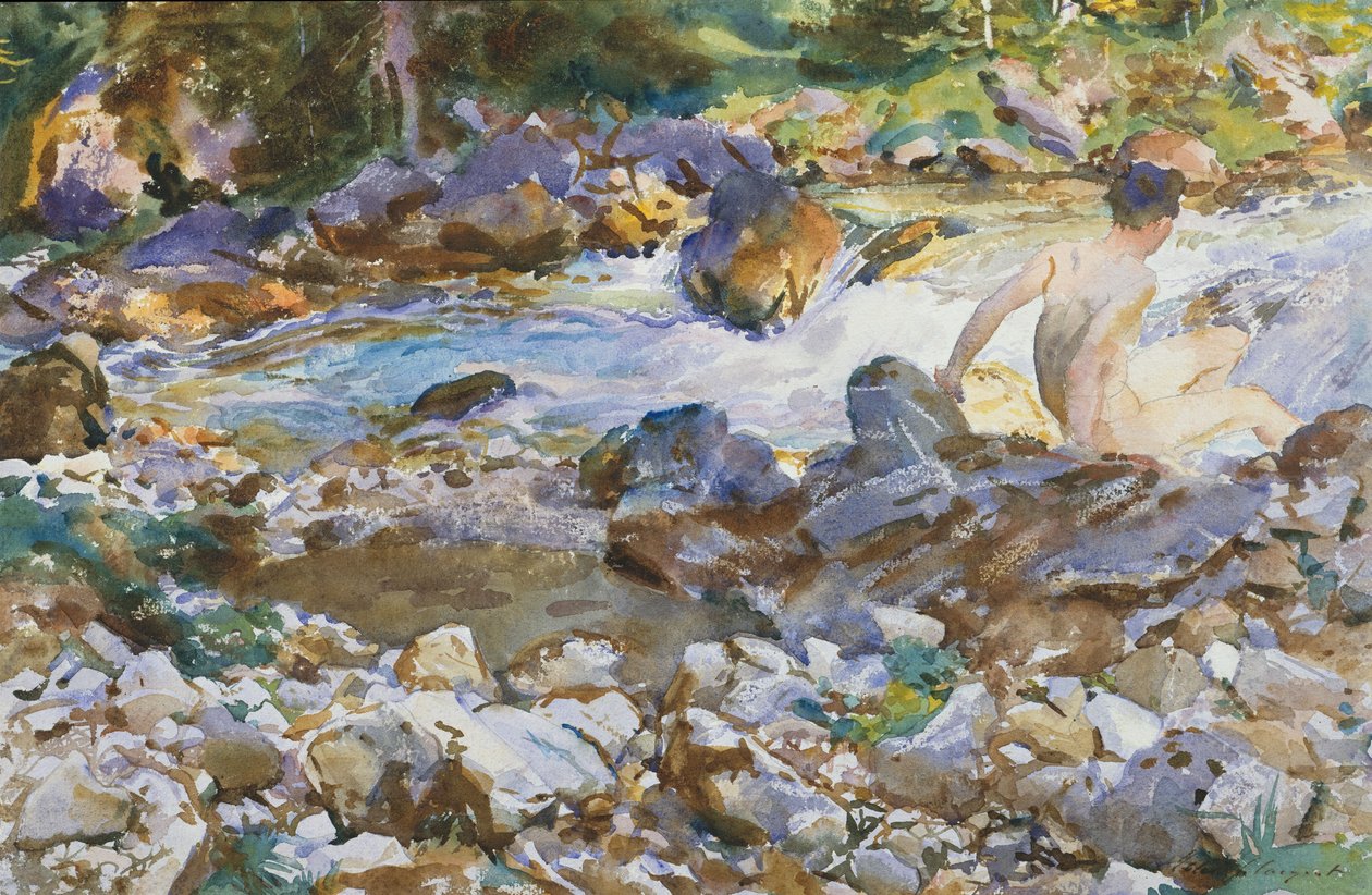 Mountain Stream, c.1912-14 (Kirli beyaz dokuma kağıt üzerine suluboya ve grafit) by John Singer Sargent