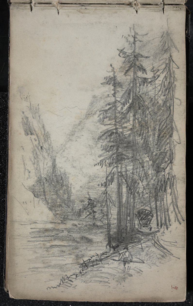 Ağaçlı dağ manzarası, 1871-72 (koyu beyazımsı dokuma kağıt üzerinde grafit) by John Singer Sargent