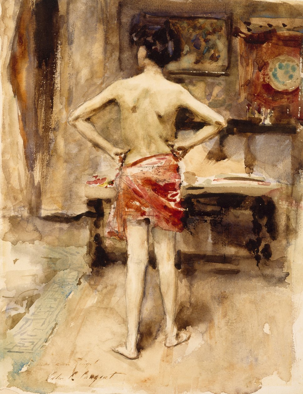 The Model, 1876 (dokuma kağıt üzerine grafit kalem üzerine wc) by John Singer Sargent