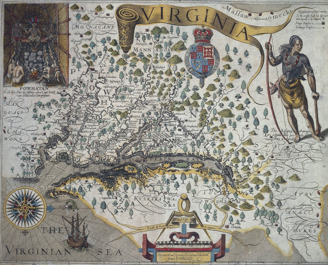 Virginia Haritası: John Smith (1580-1631) tarafından Hintli şef Powathan'ın kulübesinin içini gösteren ek (sol üst) by John Smith