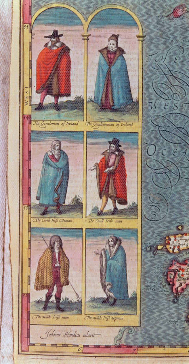 İrlanda 'Tipleri', İrlanda Krallığı'ndan detay, Jodocus Hondius (1563-1612) tarafından 'Büyük Britanya İmparatorluğu Tiyatrosu'ndan oyulmuş, pub. John Sudbury ve George Humble, 1610 (renkli by John Speed