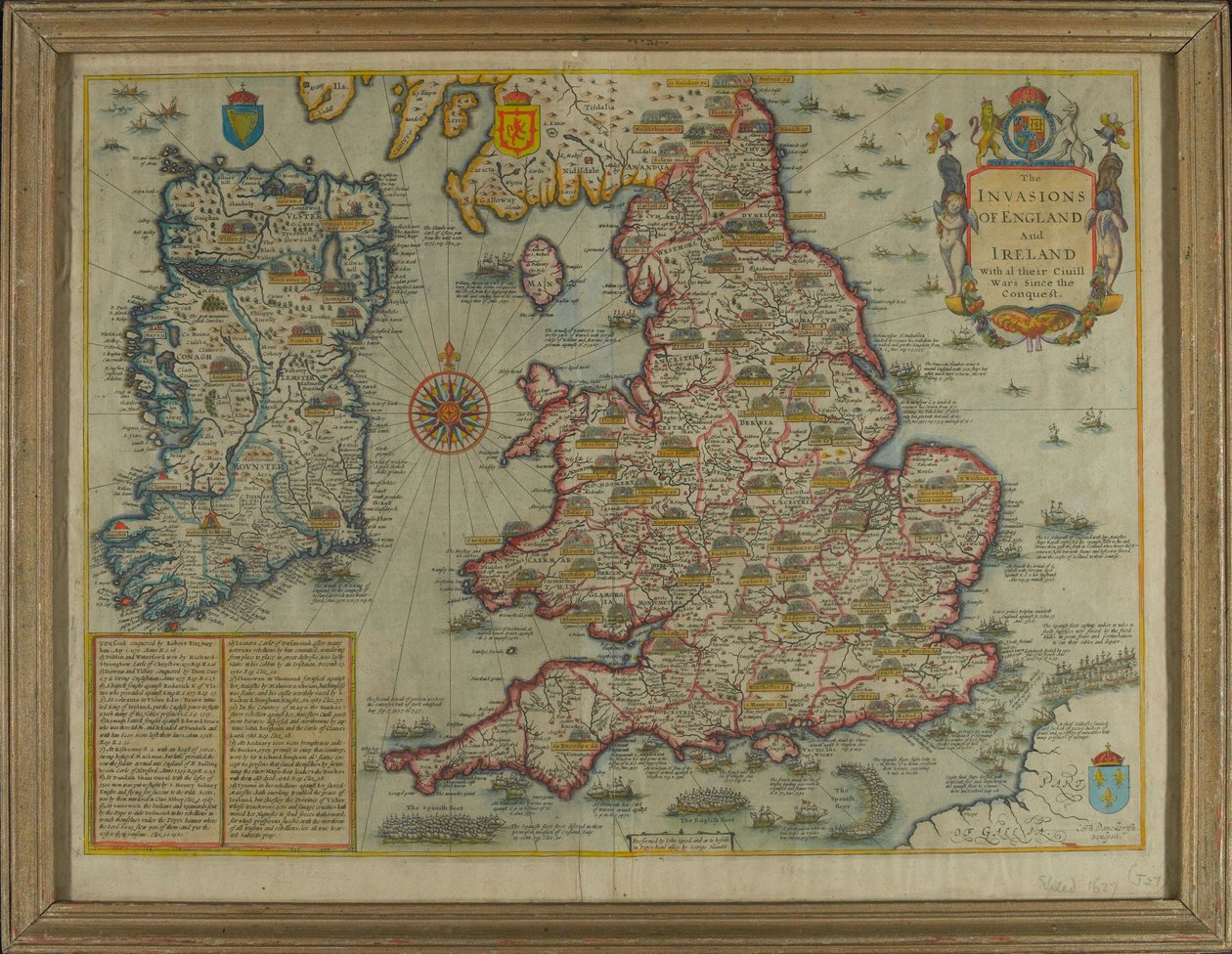 İngiltere ve İrlanda İstilalarını ve Fetihten Beri Sivil Savaşlarını gösteren harita, c.1627 (el boyaması gravür) by John Speed