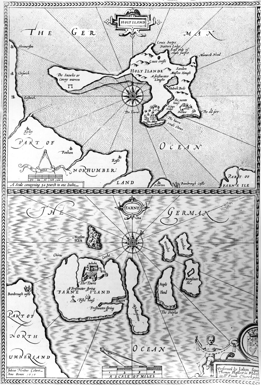 Kutsal Ada ve Farne Adası haritaları, Northumberland, John Speed, 1676 tarafından 