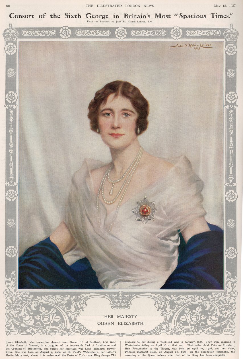'The Illustrated London News'den Kraliçe Elizabeth'in (1900-2002) portresi, 15 Mayıs 1937 by John St. Helier Lander