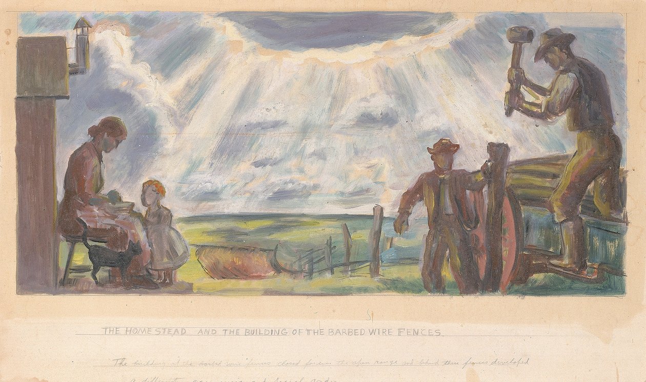 Homestead ve Dikenli Tel Çitlerin İnşası (İç Bina için Duvar Resmi Çalışması, Genel Arazi Ofisi, Washington, D.C.) by John Steuart Curry