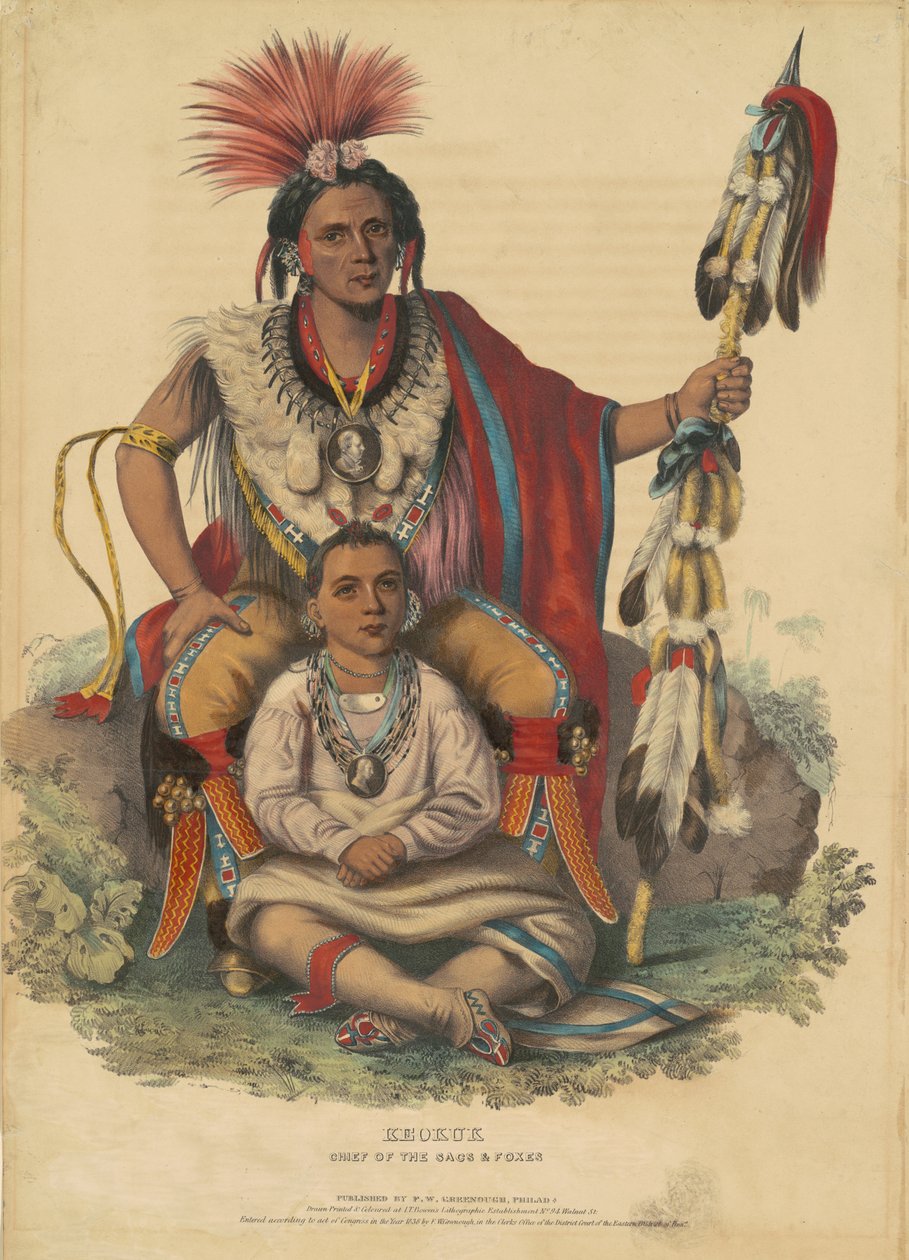 Keokuk, Keseler ve Tilkiler Şefi, 1838 (dokuma kağıt üzerine elle renklendirilmiş litografi) by John T. Bowen