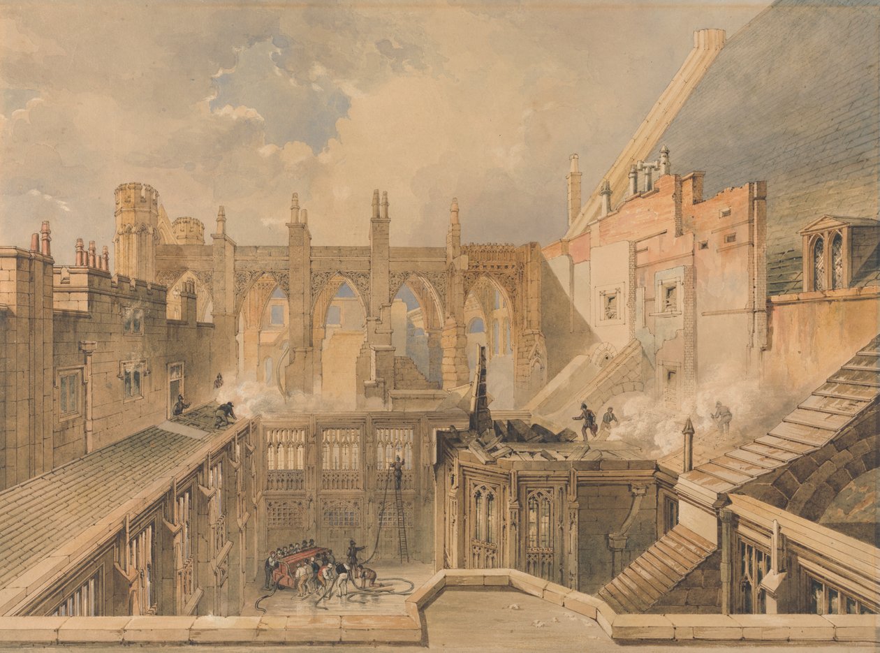 16 Ekim 1834 Yangınından sonraki sabah Parlamento Evleri olan Aziz Stephen Şapeli kalıntılarından bir görünüm by John Taylor Jr.