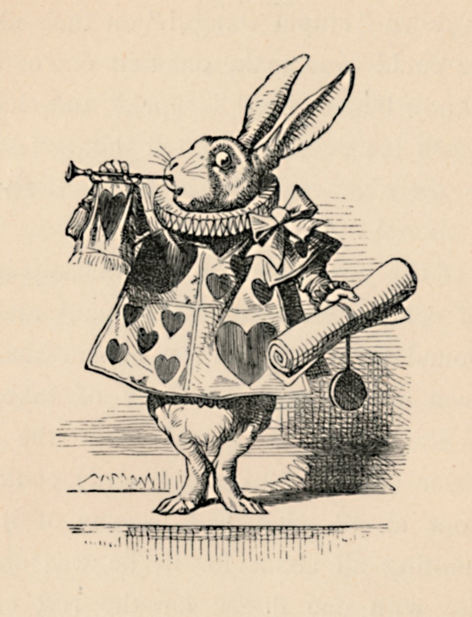Bir duyuru için trompet üfleyen mahkeme yetkilisi olarak bir Tavşan, 1889 by John Tenniel