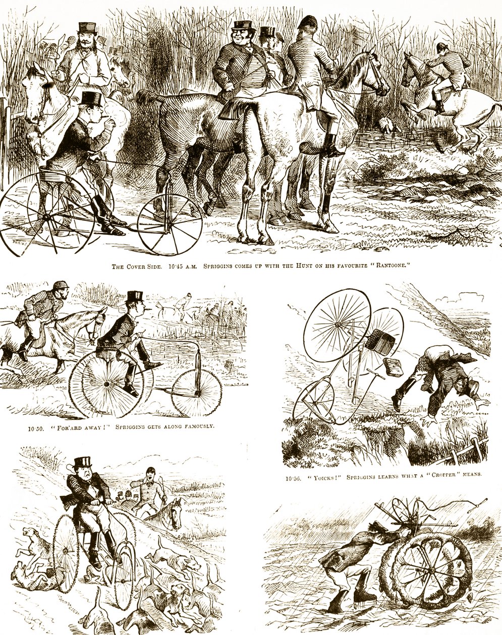 Üç tekerlekli bisikletle avlanan bir adamı betimleyen bir çizgi film. John Tenniel (1820-1914) bir İngiliz illüstratör, grafik mizahçı ve politik karikatürist tarafından resmedilmiştir. by John Tenniel