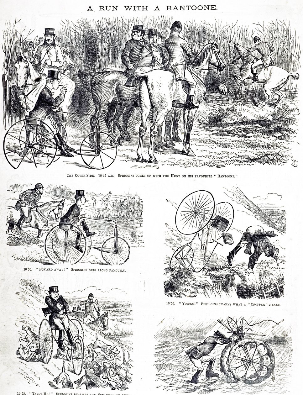 Üç tekerlekli bisikletle avlanan bir adamı betimleyen bir çizgi film. John Tenniel (1820-1914) bir İngiliz illüstratör, grafik mizahçı ve politik karikatürist tarafından resmedilmiştir. by John Tenniel