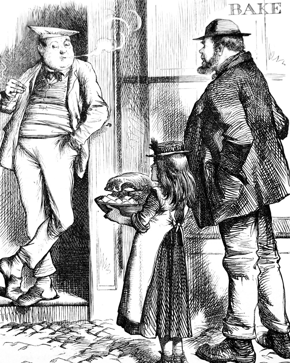 Bir baba ve kızı, pişirilmek üzere yerel fırıncıya kızartma için yiyecek getiriyor by John Tenniel