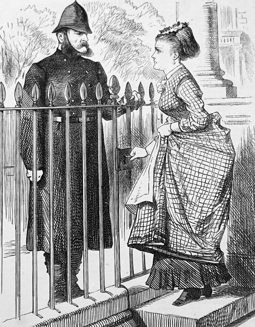 Genç bir kadınla konuşan bir polis by John Tenniel