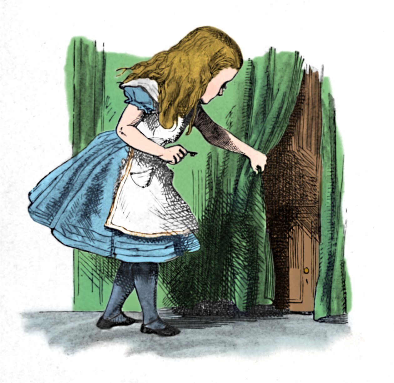Alice, bir perdenin arkasındaki küçük bir kapıya bakıyor, 1889 by John Tenniel