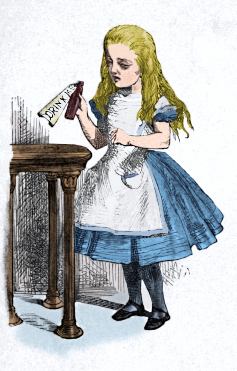 Alice, içki beni işaretli şişeye bakıyor, 1889 by John Tenniel