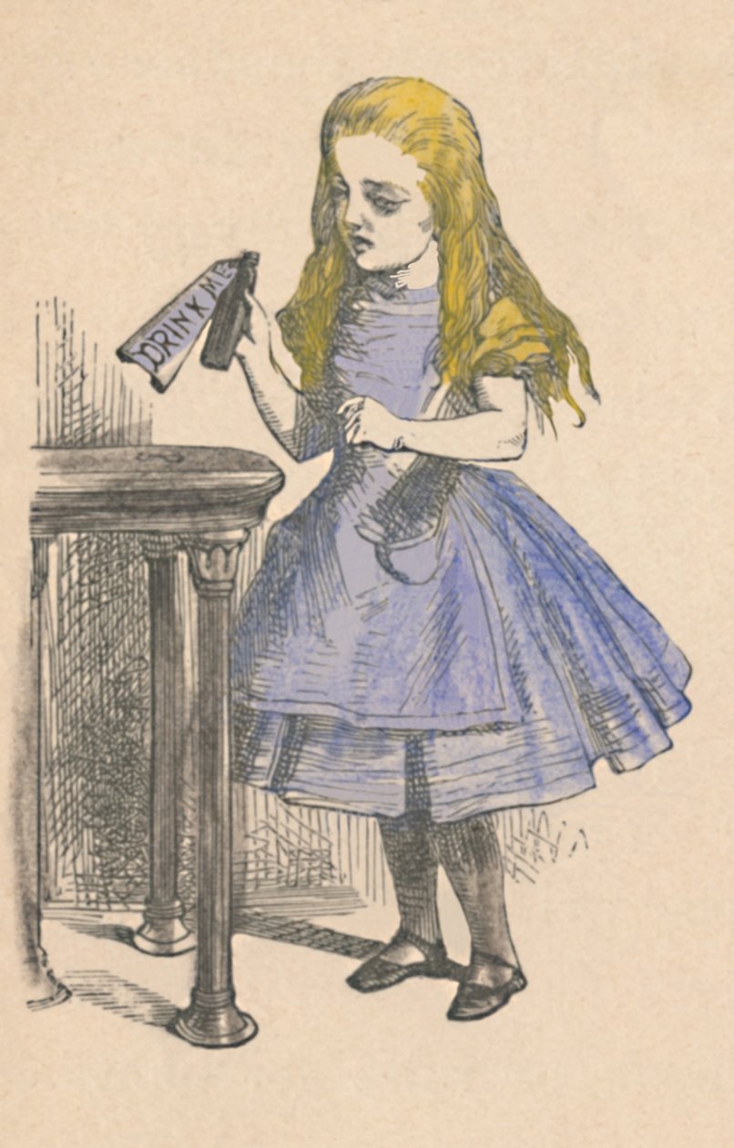 Alice, içki beni işaretli şişeye bakıyor, 1889 by John Tenniel