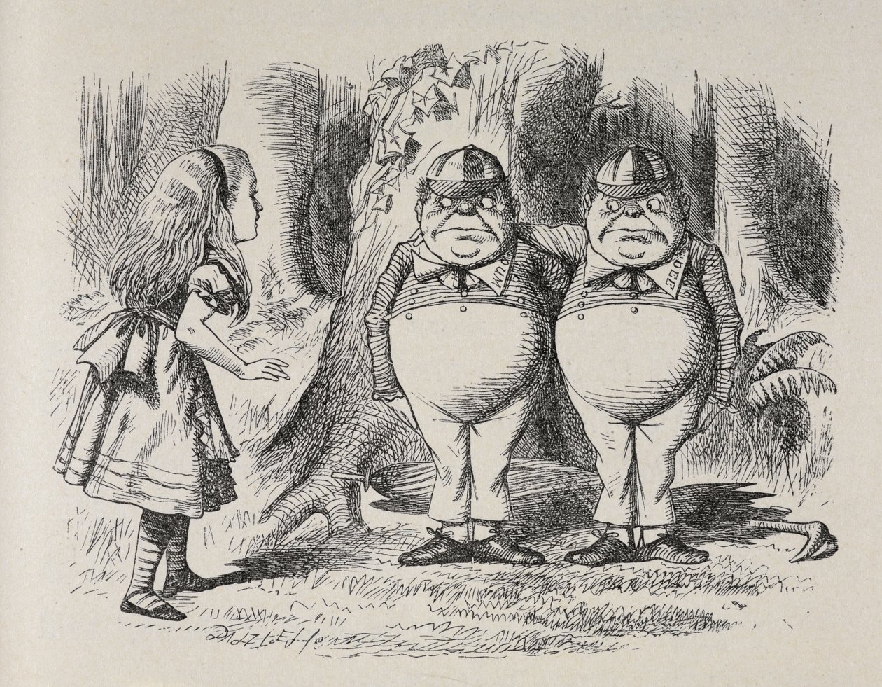 Alice, Tweedle Dee ve Tweedle Dum ile ilk kez tanışıyor. Bir ağacın altında duruyorlardı, kollarını diğerinin boynuna dolamışlar ve Alice hangisinin hangisi olduğunu bir anda anladı, çünkü birinin yakasında "Dum" ve diğerinde "Dee" işlenmişti. by John Tenniel