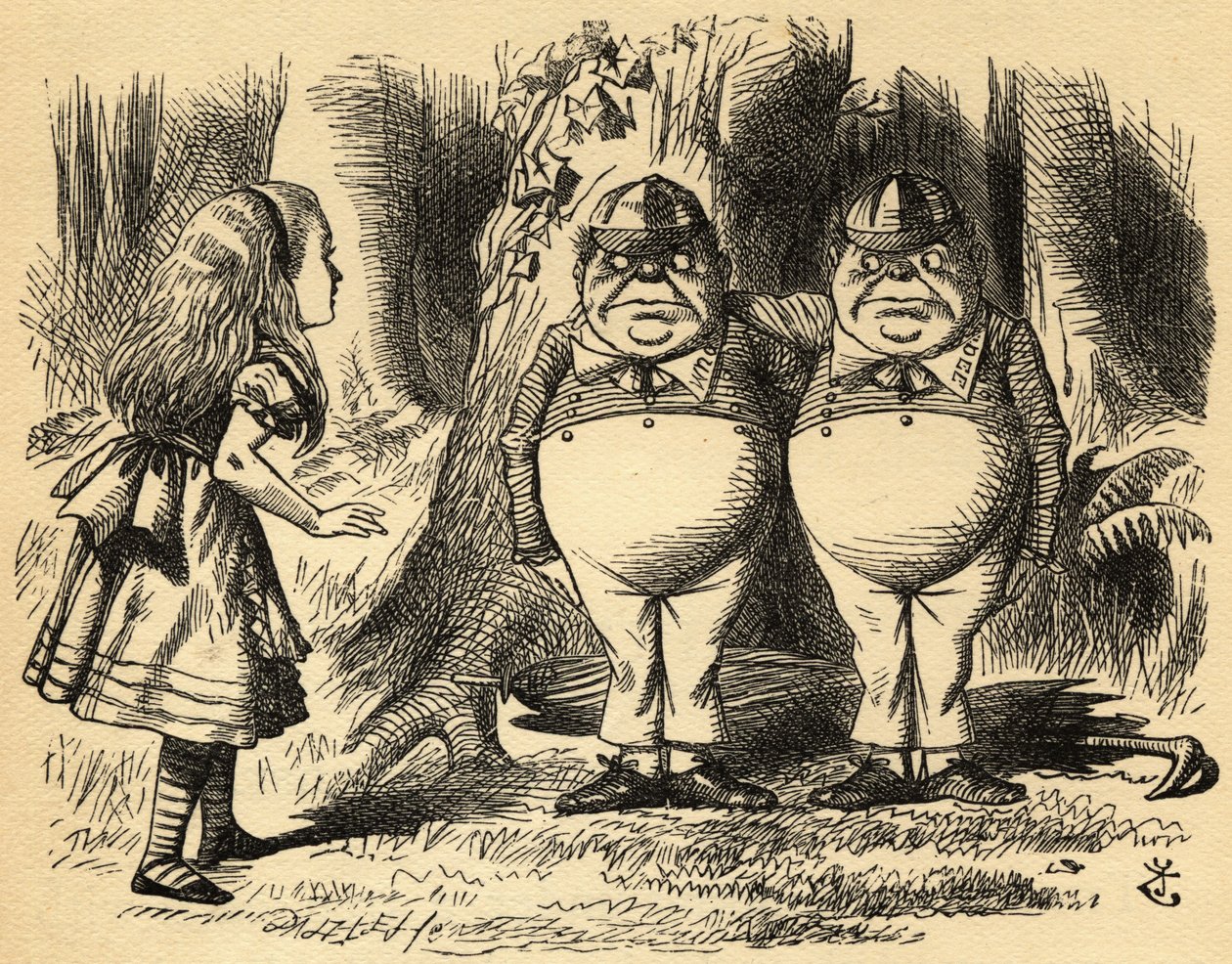 Alice, Tweedledum ve Tweedledee ile. Sir John Tenniel'in çizimi by John Tenniel