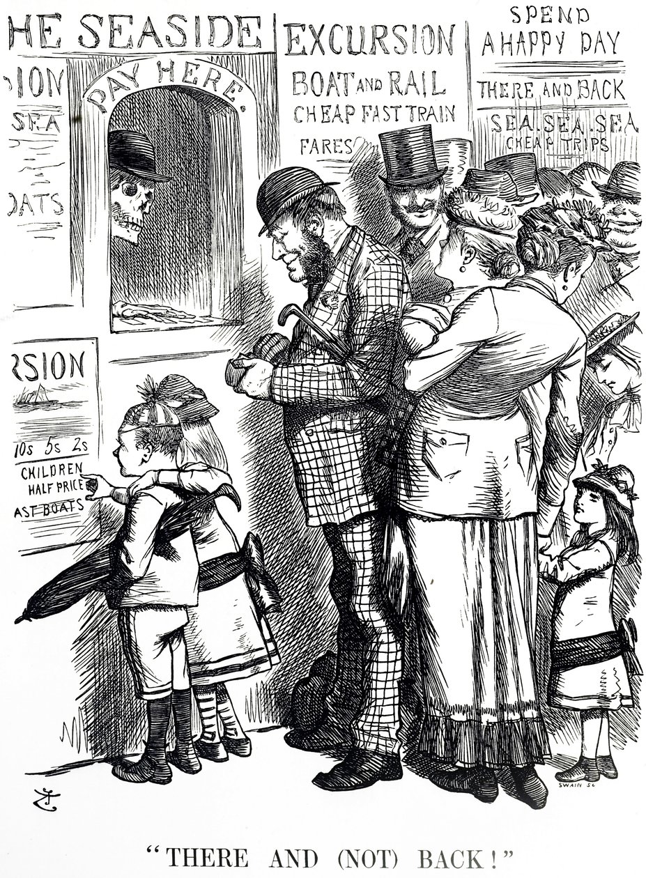 Aşırı kalabalık gezi trenlerindeki kazaların sıklığı hakkında yorum yapan çizgi film by John Tenniel