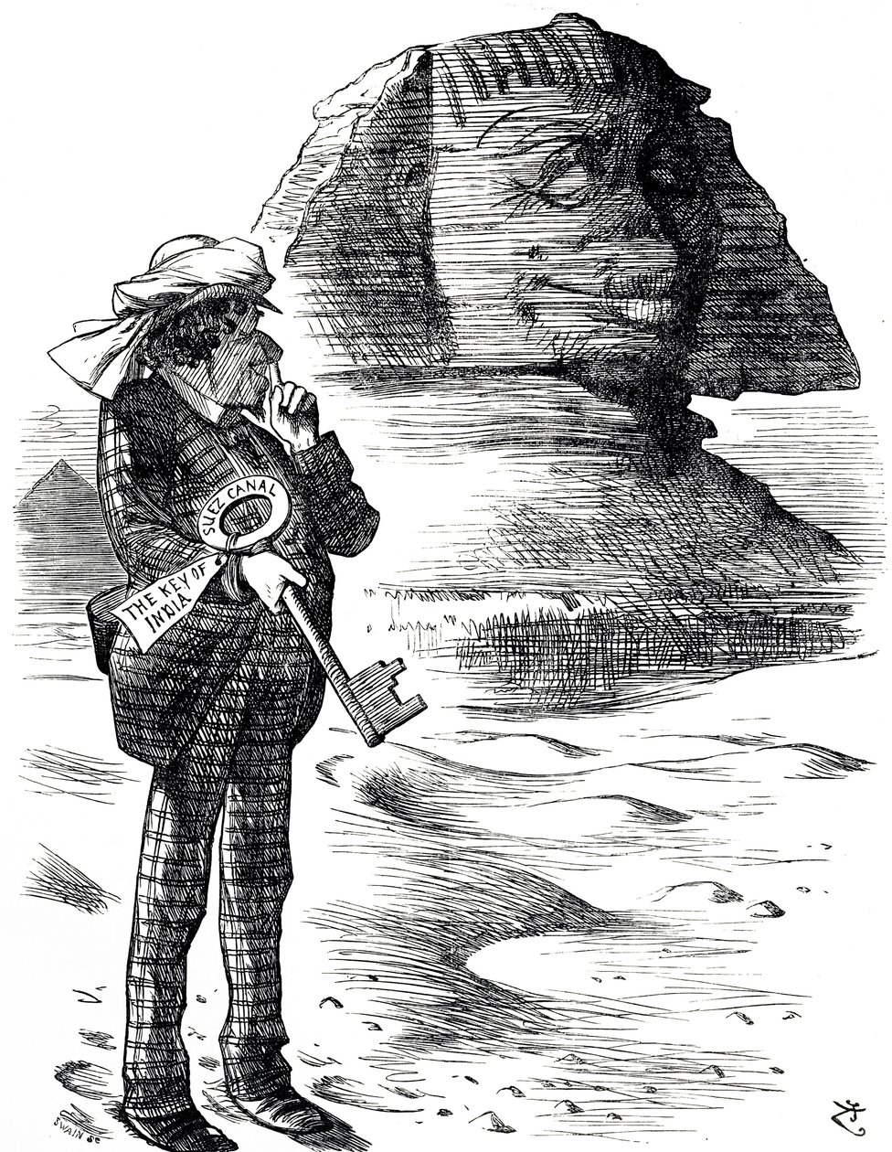 Başbakan Benjamin Disraeli'nin Süveyş Kanalı'nı İngilizlerin Hindistan'daki hakimiyeti ve nüfuzunun anahtarı olarak tuttuğunu gösteren karikatür by John Tenniel
