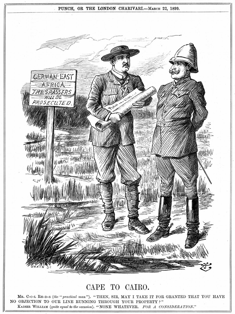Cecil John Rhodes (1852-1902) İngiliz doğumlu Güney Afrikalı devlet adamı, Alman imparatorundan Alman Doğu Afrikası üzerinden bir telgraf hattı işletmek için izin istiyor. Cape To Kahire, John Tenniel