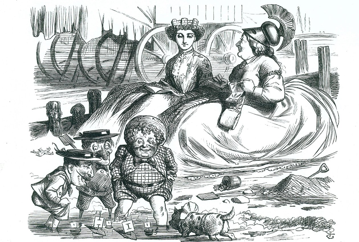 Fransa ve İngiltere çocukları izliyor (John Bull, Mr Punch ve Napoleon III). Bu yıl, Fransa ve İngiltere arasındaki 50 yıllık barış ve İtilaf Cordiale