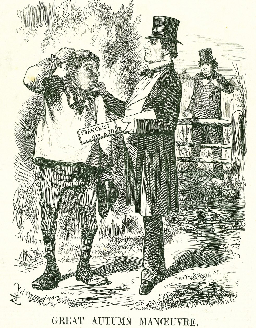 Büyük Sonbahar Manevrası: Gladstone sonunda oy tarım işçilerine (Hodge) verilmesi gerektiğini düşündü. Şu anda başbakanlığı sallantıdaydı ve Disraeli onun yerini almayı bekliyor. Punch, Londra