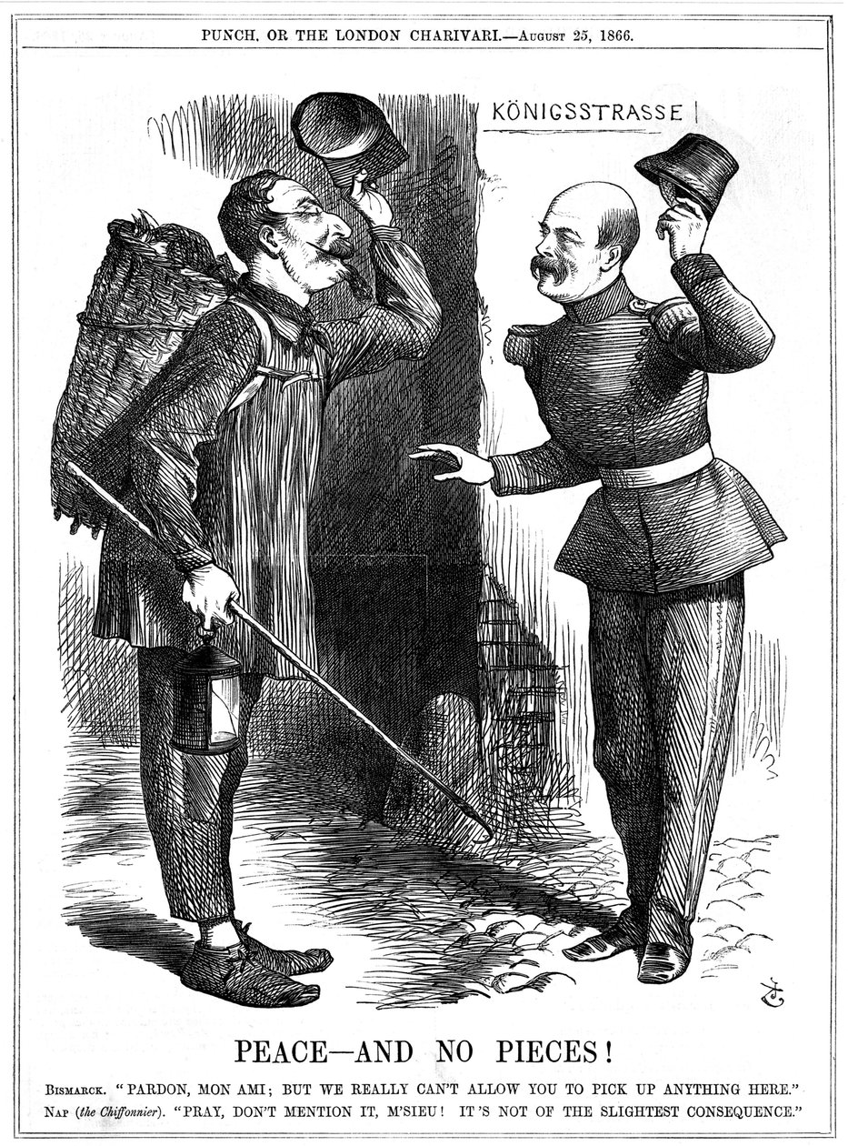 Napolyon III, Fransız İmparatoru 1852-1870, paçavra toplayıcı (Chiffonnier) gibi giyinmiş, Prusya Şansölyesi Otto von Bismarck tarafından uyarıldı. Napolyon