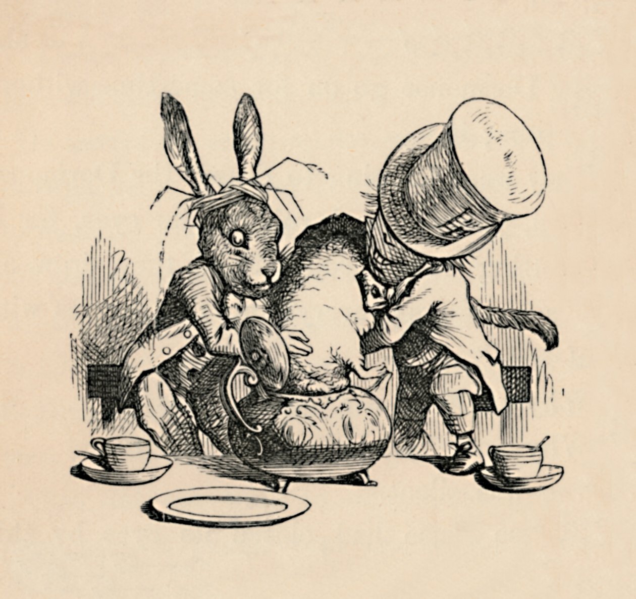 Çılgın Şapkacı ve Mart tavşanı, Fındık Faresini bir çaydanlığa koymaya çalışıyor, 1889 by John Tenniel